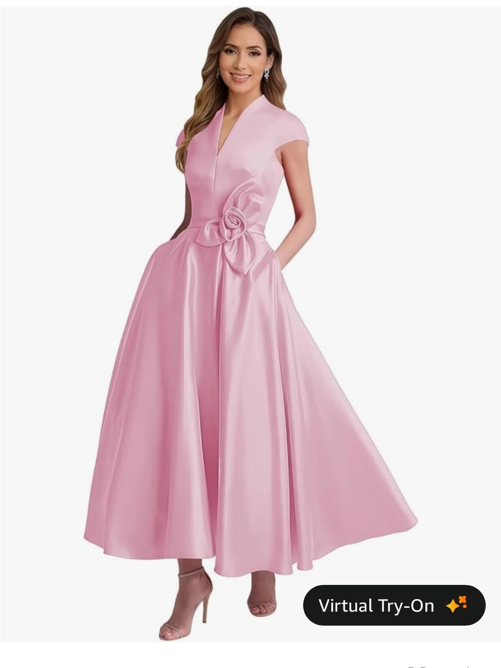 Mother of Bride , Elegant Pink Cap-Sleeve Satin A-Line Dress with Rosette